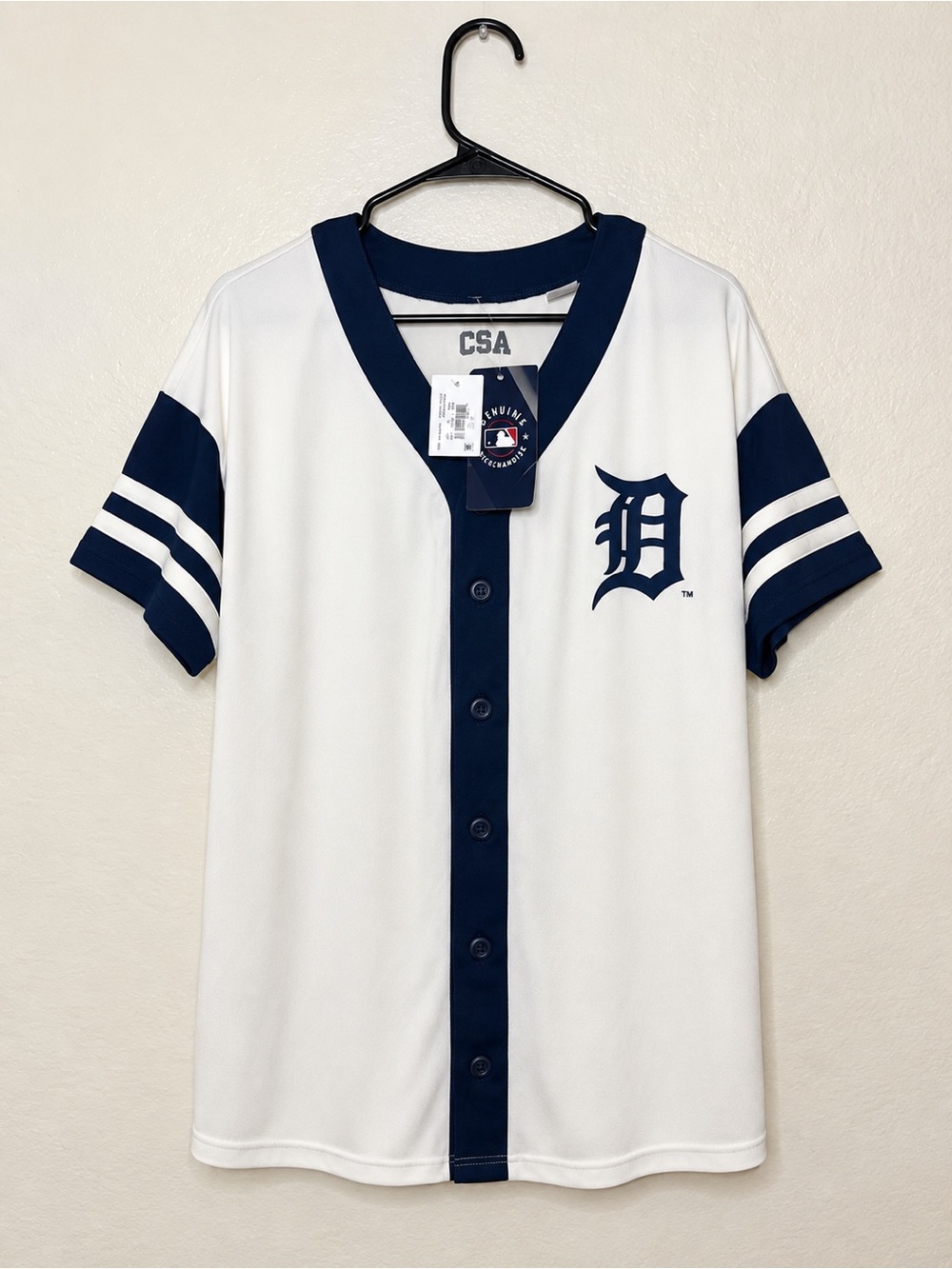 CSA Detroit-Style White and Navy Short-Sleeve Baseball Jersey